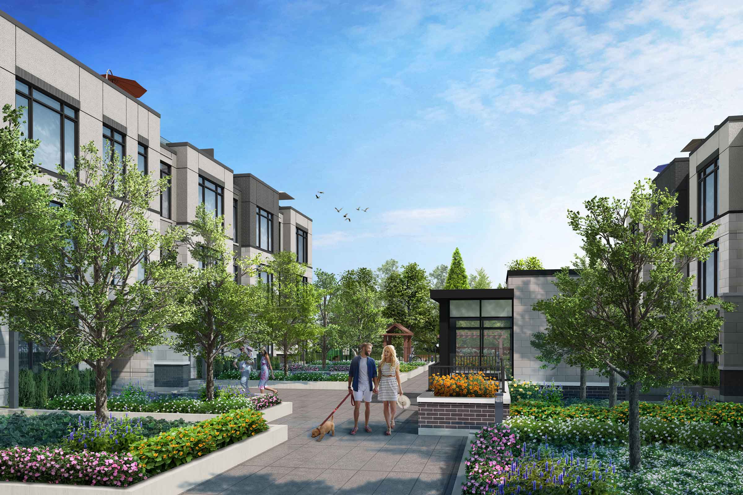 rendering of mother & daughter walking between buildings